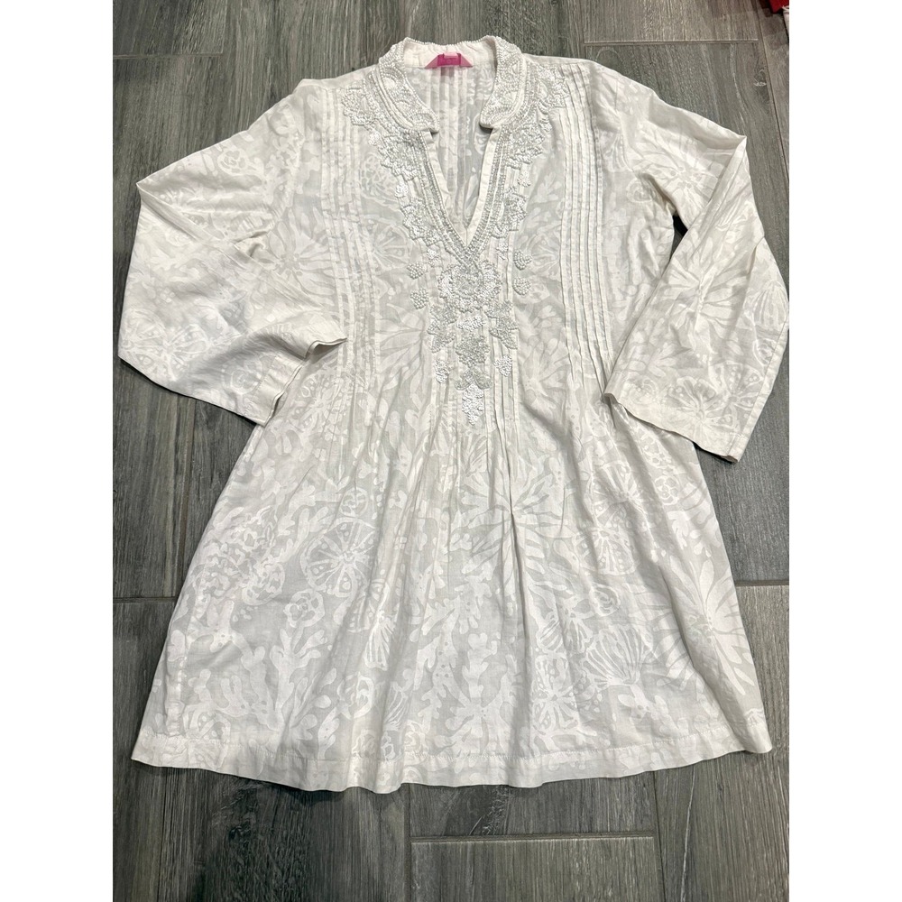 Lilly Pulitzer Sarasota Tunic Top Womens Small White Beaded Coastal Resortwear